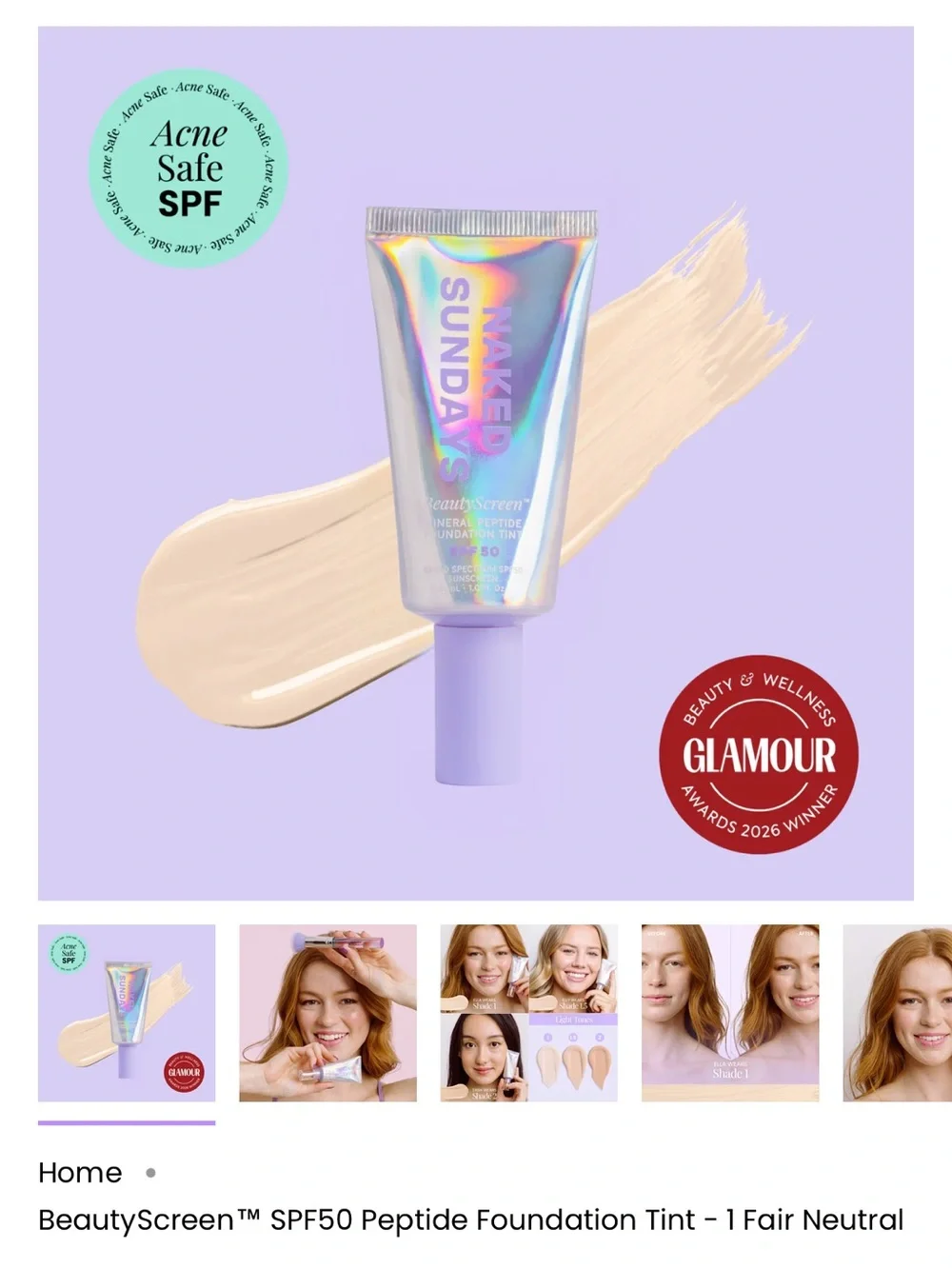 Naked Sunday beauty screen peptide foundation tint SPF 50. Shade 4